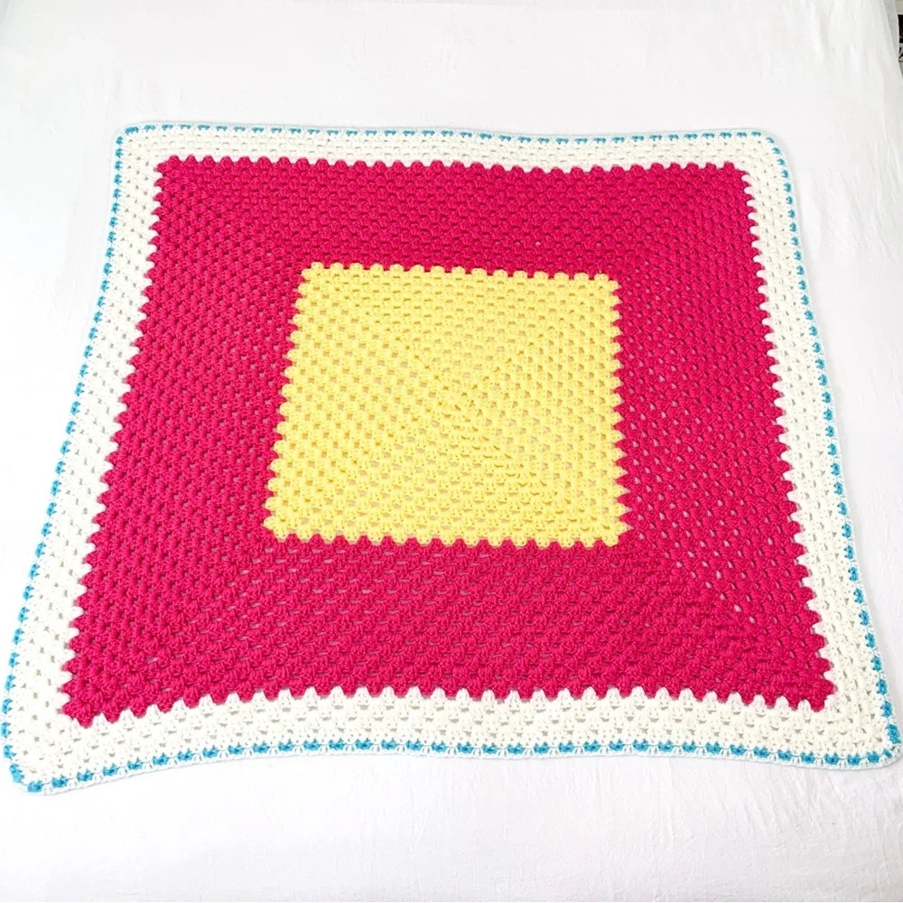 Crochet small blanket handmade throw baby blanket in pink, yellow, white & blue